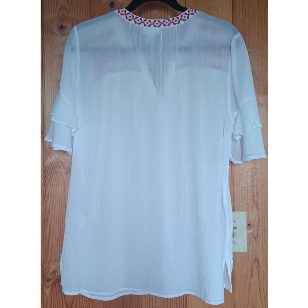 Liz Claiborne 100% White Cotton Tunic Red Embroidery Tiered Sleeves Boho Fairy - Picture 5 of 7